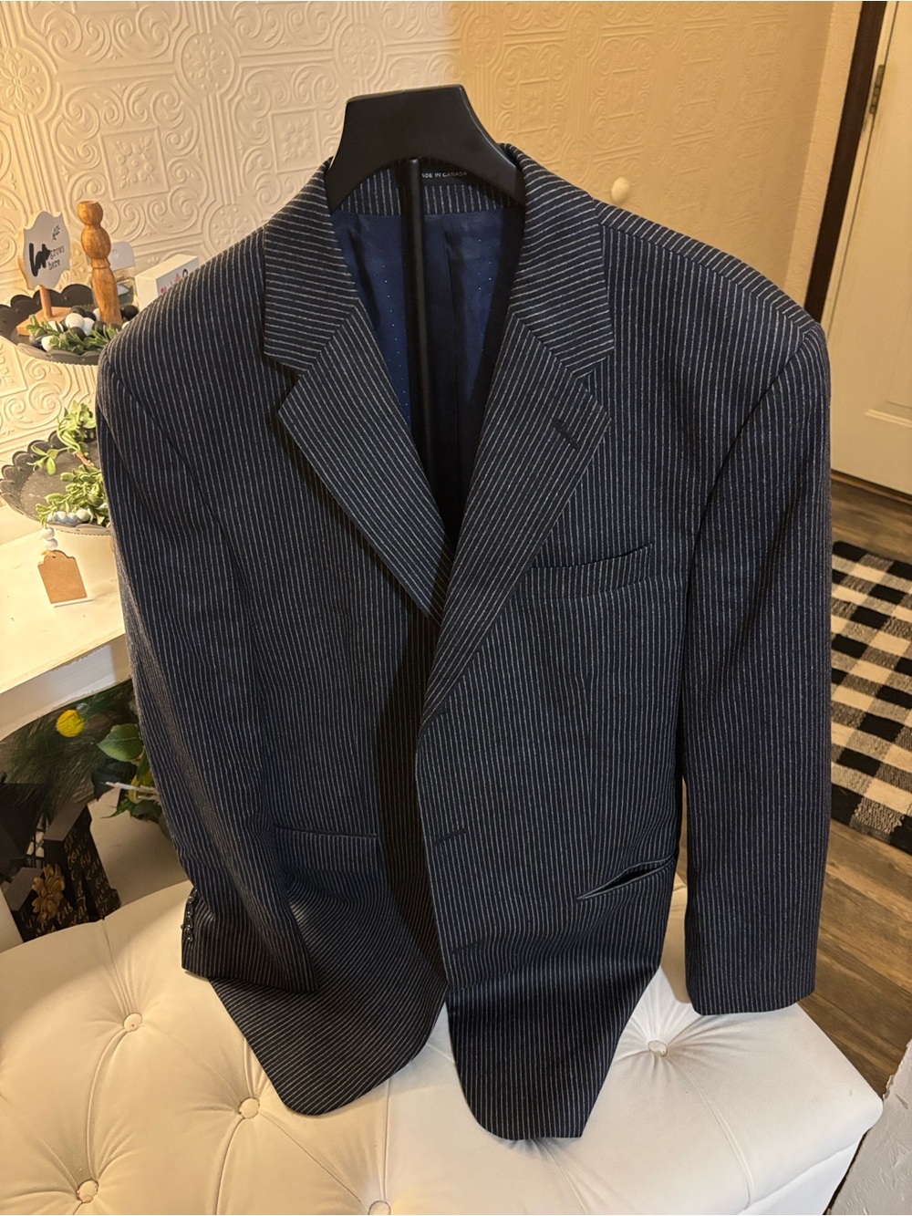 Vintage Calvin Klein Navy Pinstripe Suit Jacket Wool Cashmere Made in Canada 90s